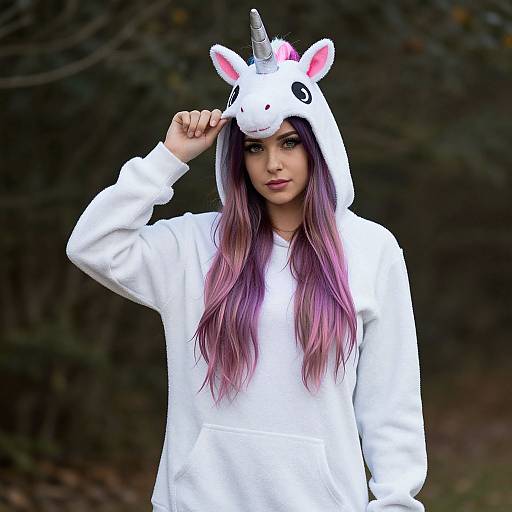 Photograph of a young woman with long purple-pink hair wearing a white unicorn hoodie with a horn hat, standing in a dark, forested background