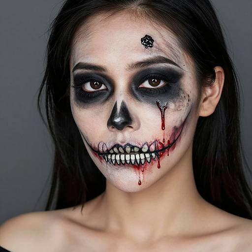 Photograph of a young woman with white-painted face, black eye shadow, black nose, blood-stained teeth, and dark hair, against a