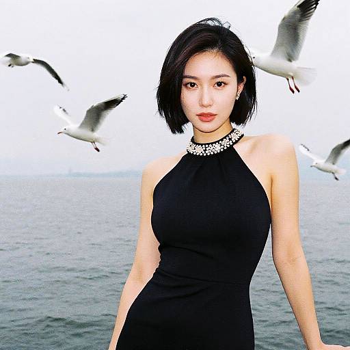 Asian woman with short black hair in a black halter dress with silver necklace, standing by the sea, seagulls flying behind. Photorealistic