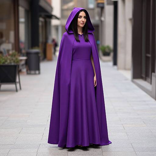 Photograph of a woman with long black hair, wearing a vibrant purple hooded cloak and matching dress, standing in a urban street with blurred buildings and