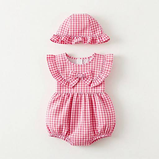Photograph of a pink and white gingham child's dress and matching bonnet, with ruffled neckline and bow, arranged on white background.
