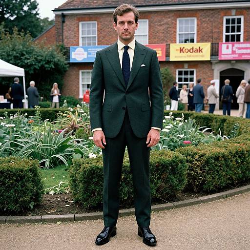 Photograph of a handsome man in a black suit, white shirt, and black tie, standing in a garden with flowerbeds and a brick building