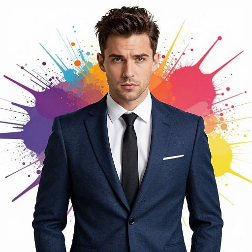 Photograph of a handsome, serious-looking man in a dark blue suit, white shirt, and black tie, with colorful paint splashes in the background