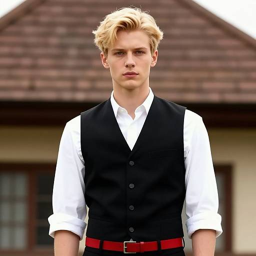 Photograph of a young man with blonde hair, wearing a black vest over a white shirt, red belt, standing in front of a rustic house.