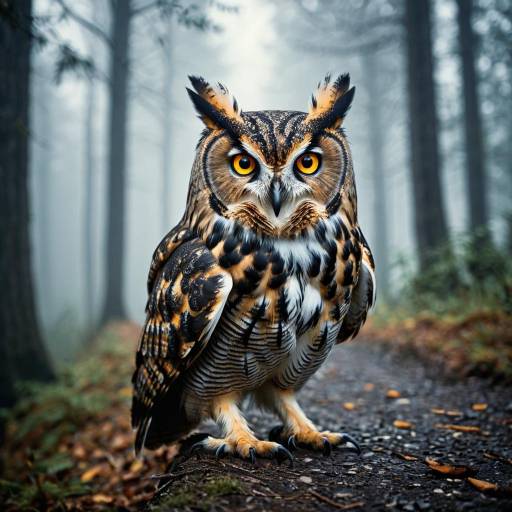 Owl with Amber Eyes in Misty Forest