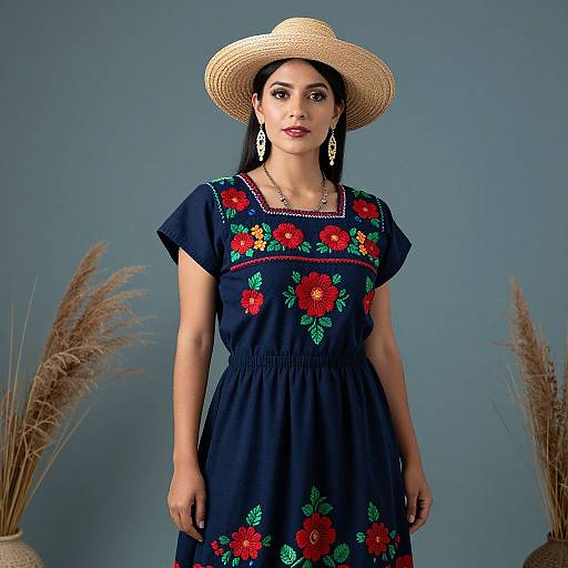 Photograph of a Latina woman in a dark blue dress with red and green floral embroidery, wearing a straw hat and long earrings, against a blue background