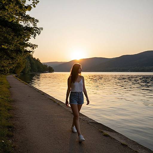 Photograph of a young woman with long brown hair, wearing a white tank top and denim shorts, walking along a lakeside path at sunset, with
