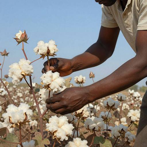 Photograph of a dark-skinned man in a beige shirt picking cotton in a sunlit field with a clear blue sky.