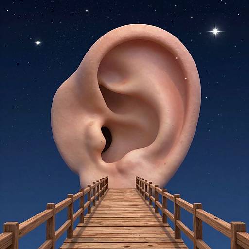 Digital artwork of a massive, pink, ear-shaped cloud against a starry night sky, with a wooden plank bridge leading to it.