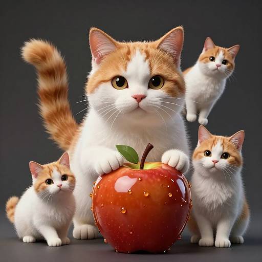 Digital illustration of four adorable, orange-and-white kittens with big eyes, standing around a shiny, red apple with droplets, against a dark background.
