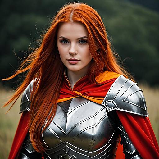 Red-haired female warrior in armor with cape