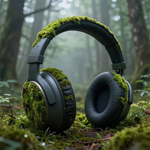 Photorealistic CGI of black, moss-covered headphones resting on forest floor, surrounded by blurred greenery and sunlight filtering through trees.