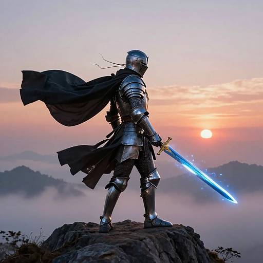 Knight in shining armor with glowing blue sword, standing on rocky peak at dawn, black cape flowing, misty mountains in background.