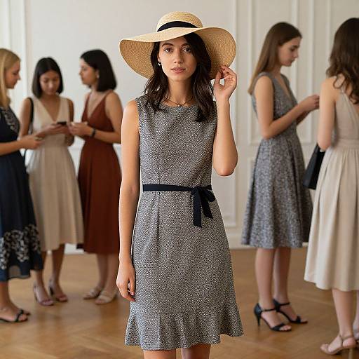 Photograph of a young woman in a black-and-white patterned dress with a black belt and straw hat, standing in a room with five other women
