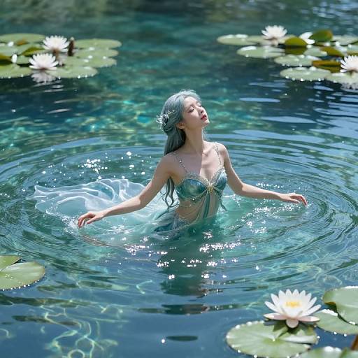Photograph of a fair-skinned woman with long, wet blue hair, topless, floating in a clear, blue pond with lily pads and