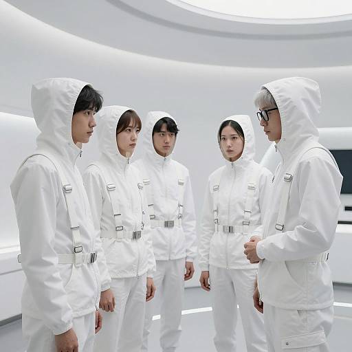 Group in White Futuristic Hooded Suits