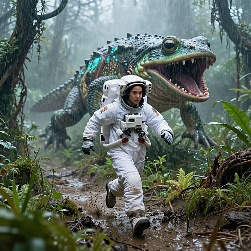 Photorealistic CGI: Astronaut in white space suit sprints through rainy, dense jungle pursued by large, menacing, blue-green dinosaur with glowing eyes
