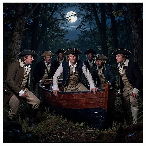 Photograph of six 18th-century Revolutionary War soldiers in tricorne hats and vests, surrounding a wooden cart under a moonlit forest.