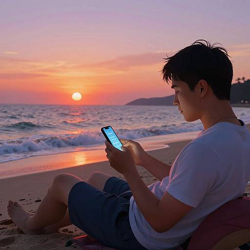 Young man with short black hair, white t-shirt, and gray shorts, sits on beach at sunset, engrossed in smartphone. Waves and orange