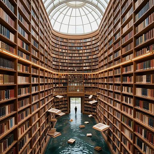 Photograph of a grand, circular library with tall wooden bookshelves, a glass dome ceiling, and a lone person standing near a water-filled central