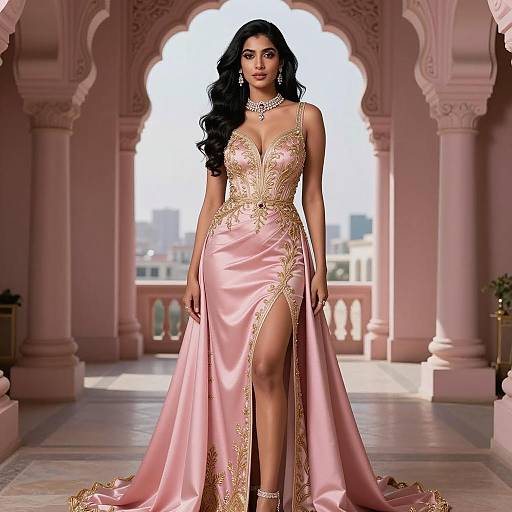 South Asian Woman in Pink Satin Evening Gown