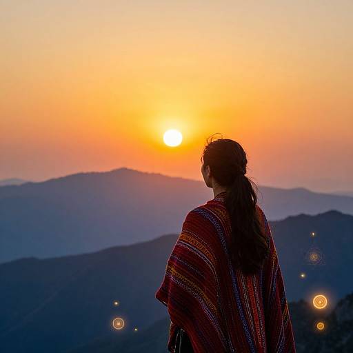 Silhouetted woman with long hair, wearing a colorful striped shawl, gazes at a vibrant orange sunset over layered mountain ranges.
