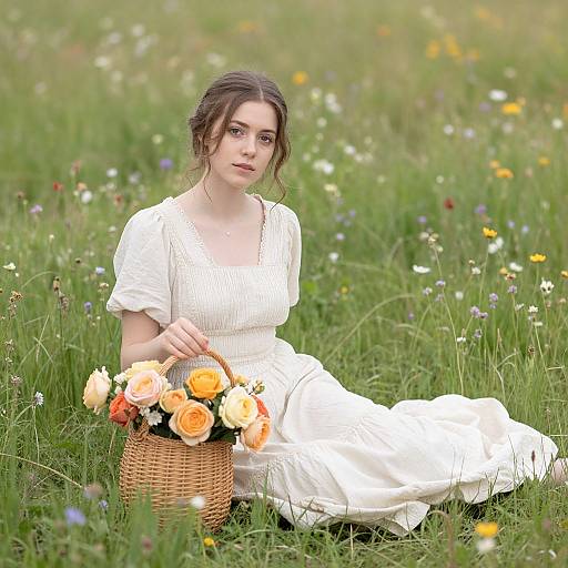Photograph of a young woman with fair skin and brown hair, wearing a white dress, sitting in a lush meadow, holding a wicker basket