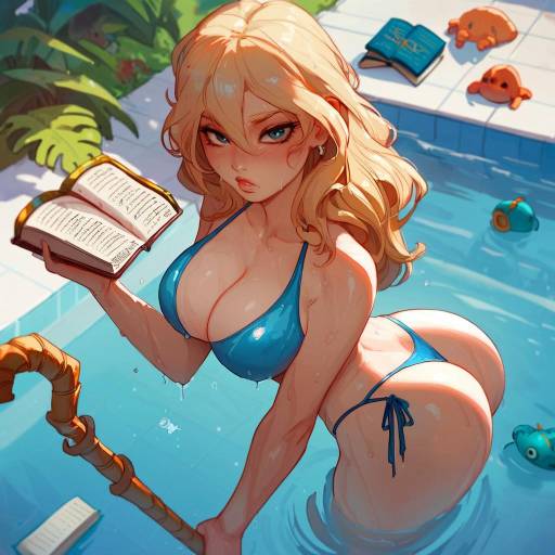 Blonde Woman in Blue Bikini by Pool with Magical Staff