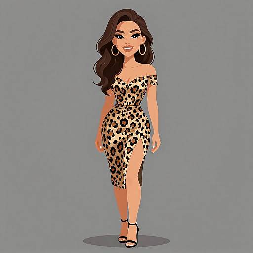 Digital illustration of a smiling woman with long dark hair, wearing an off-shoulder, leopard-print dress and black high heels, standing against a solid
