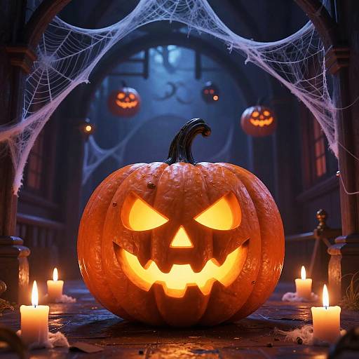 Mischievous Jack O'Lantern in Haunted Hallway