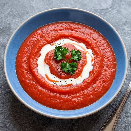 Photograph of vibrant red tomato soup in a blue bowl, topped with a dollop of white cream and fresh parsley, sprinkled with black pepper,
