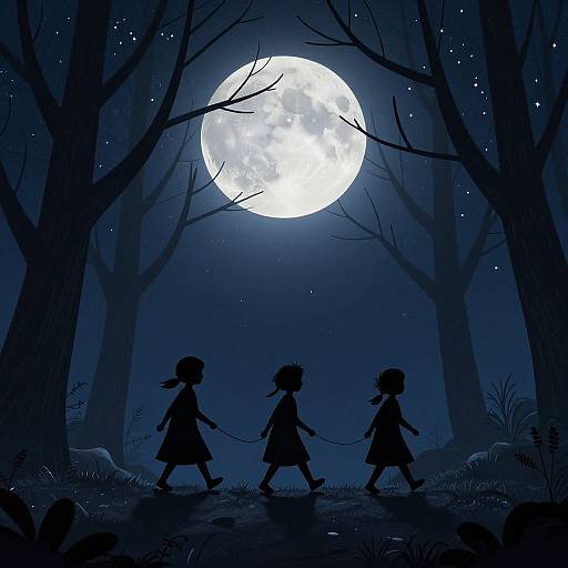 Digital illustration of three silhouette girls holding hands, walking under a glowing full moon in a dark, starry forest.