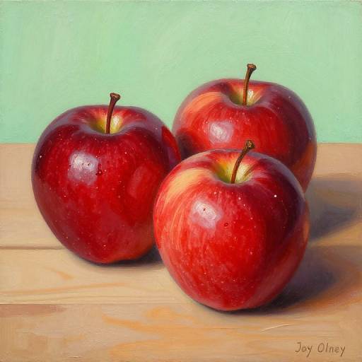 Photorealistic painting of three shiny, red apples with brown stems on a light wooden surface against a green background, signed 