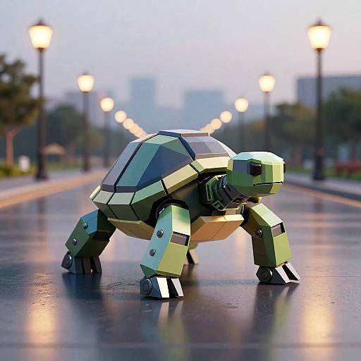 Photograph of a geometric, green and black, blocky turtle robot on a wet, reflective street at dusk, with blurred street lamps and trees in