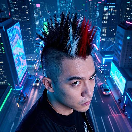 Photograph of a young man with a spiked, blue and red mohawk, set against a neon-lit, futuristic cityscape at night. Urban