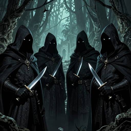 Digital artwork of four hooded, shadowy figures with glowing eyes, holding knives, standing in a dark, eerie forest with glowing blue light in the