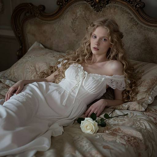 Photograph of a fair-skinned, blonde woman with long curls, wearing an off-shoulder white lace dress, lying on a floral-patterned