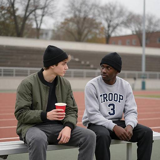 Two Friends at an Outdoor Stadium