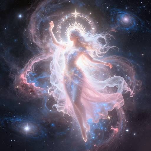 Digital artwork of a glowing, ethereal angel with flowing white robes, surrounded by cosmic clouds, stars, and nebulae, floating in space.
