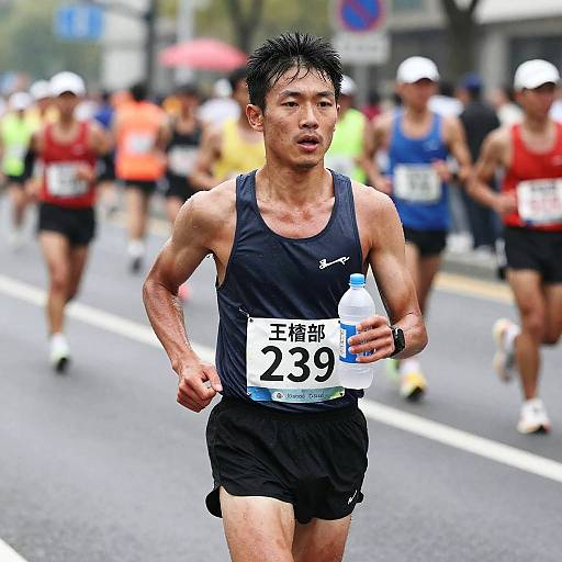 Photograph of a muscular Asian male marathon runner in a black tank top and shorts, number 229, running on a wet street with blurred, colorful