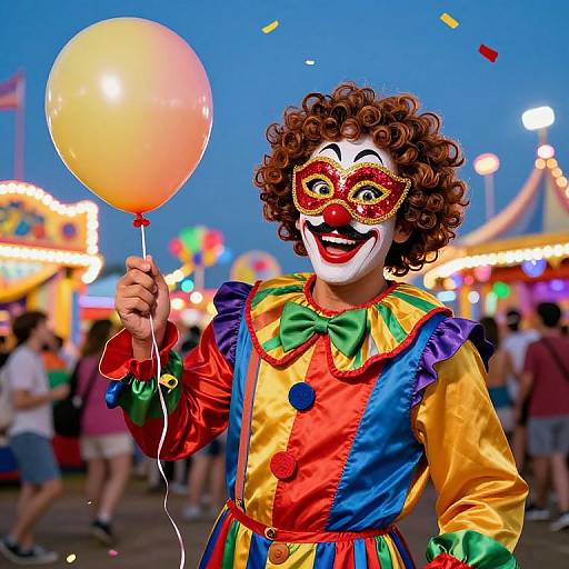 Vibrant clown with curly hair, red nose, colorful costume, and ornate mask holds orange balloon at lively carnival at dusk.