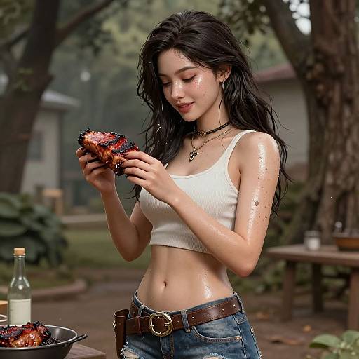 Photorealistic digital art of a wet, young Asian woman with long black hair, wearing a white crop top and jeans, eating barbecue meat outdoors.