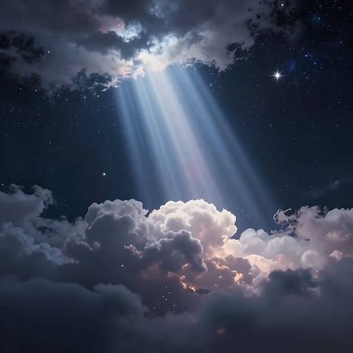 Photograph of a night sky with radiant moonlight piercing through dark, fluffy clouds, illuminating a starry backdrop.