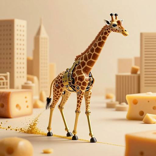 Photorealistic digital artwork of a giraffe with mechanical parts, standing in a surreal, cheese-filled cityscape with blurred skyscrapers.