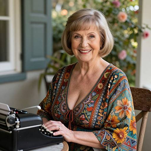 Photograph of smiling elderly woman with short gray hair, wearing a colorful floral dress, typing on an old typewriter in a sunny, flower-filled room