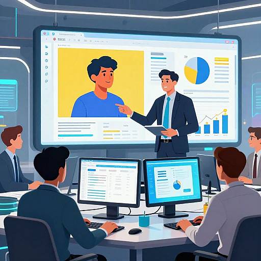 Digital illustration of a modern office presentation: Two men in suits present on a large screen, five seated colleagues focus on laptops.