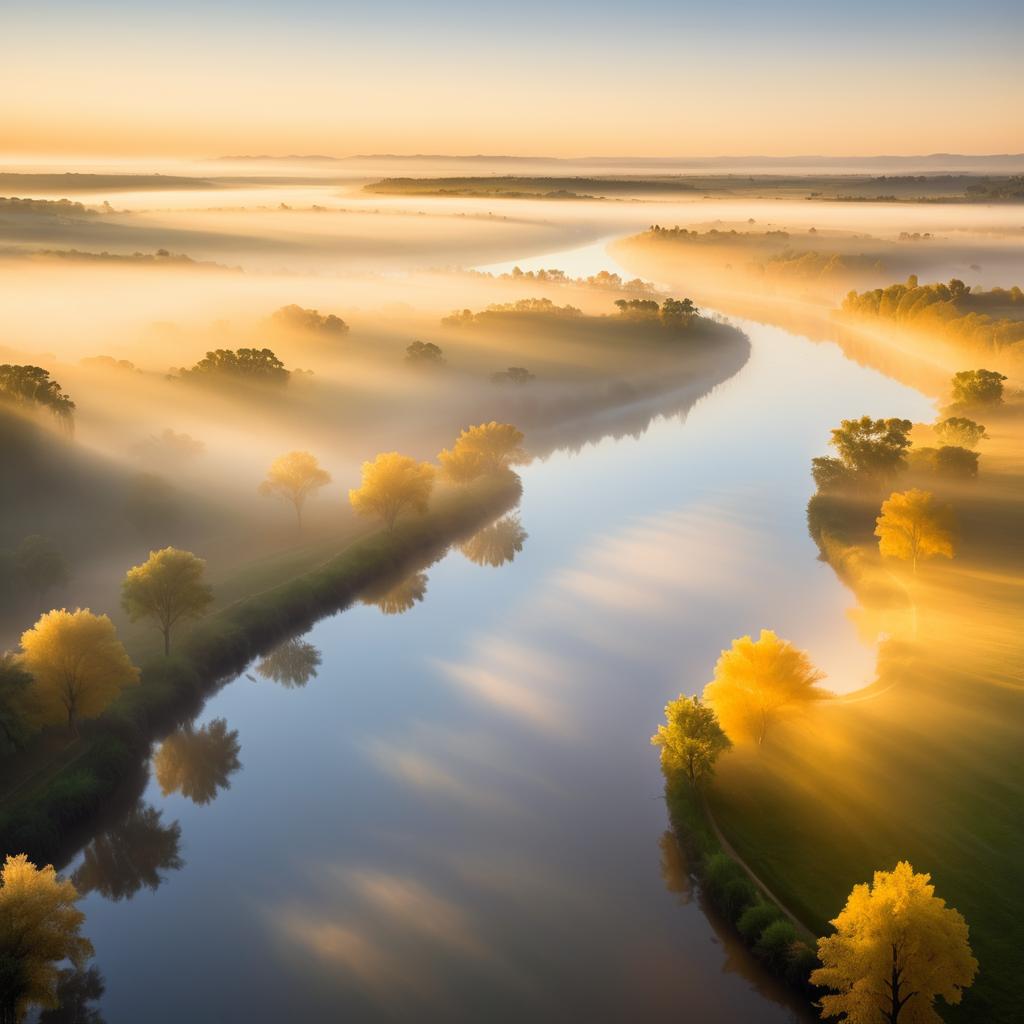 Golden Morning Fog Over Misty Valley