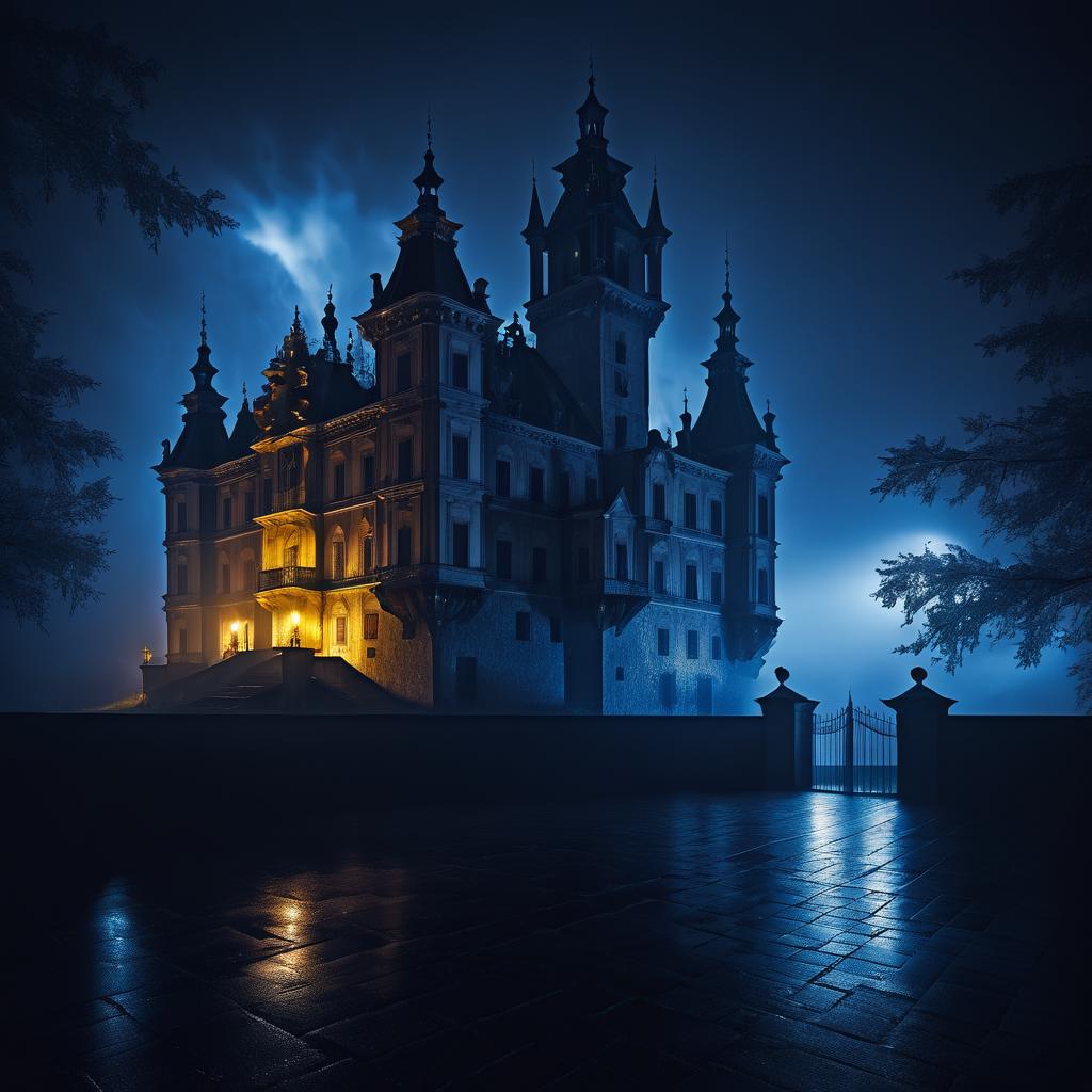 Eerie Baroque Castle Under Rainy Night