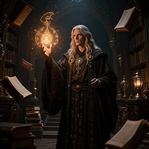 Mystical wizard with long white hair and black robe holds glowing magical orb in dim, book-filled library. (Photorealistic CGI)