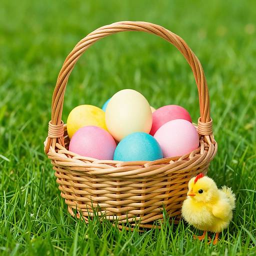 Photograph of a wicker basket filled with colorful Easter eggs (yellow, pink, blue, white) on green grass, with a yellow chick nearby